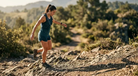 Athletic person performing single-leg balance exercise on uneven outdoor surface