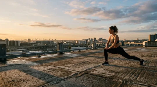 Athletic person stretching in early morning sunlight