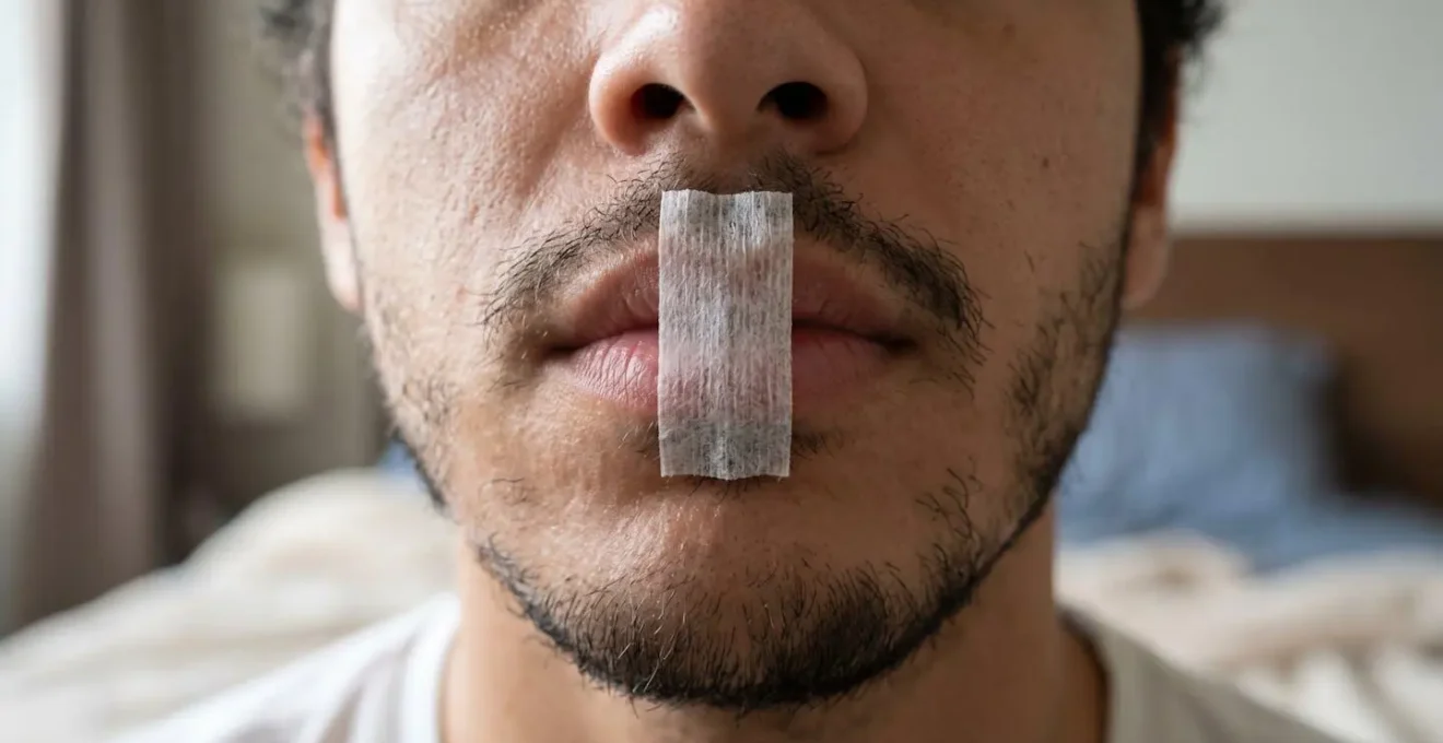 Close-up demonstration of proper mouth tape application with medical-grade tape