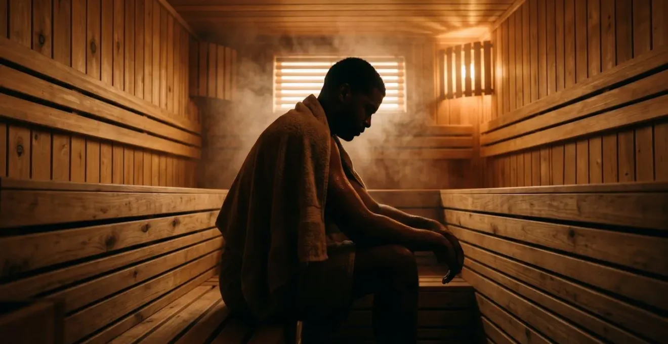 Person relaxing in traditional wooden sauna with soft steam and warm lighting
