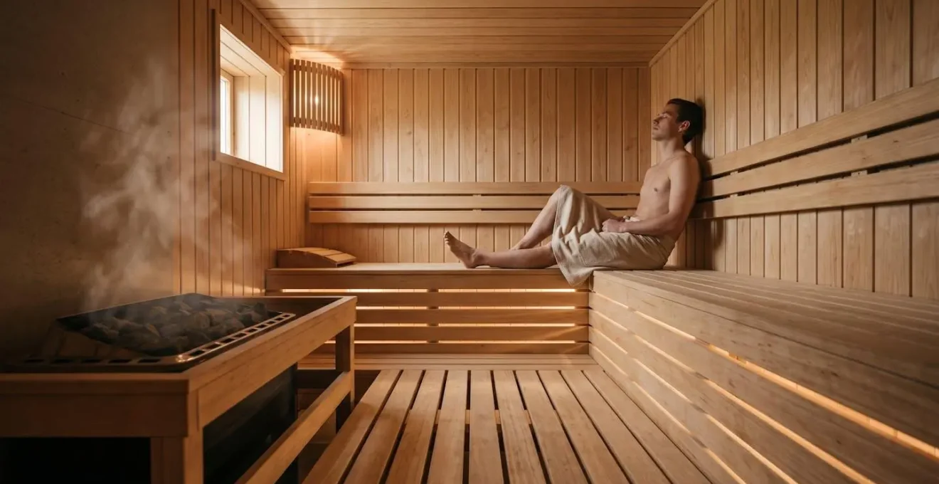 Person relaxing in a traditional wooden sauna with visible heat waves and steam, creating an atmospheric depth.