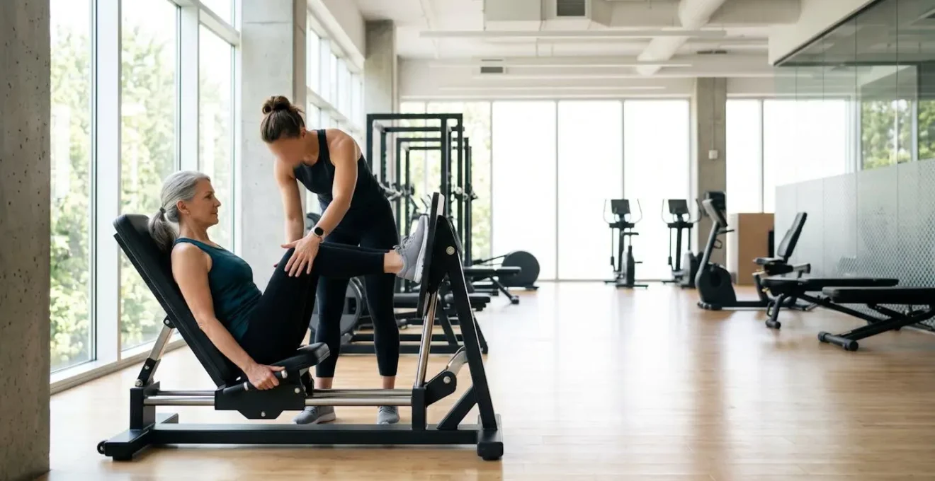 Senior demonstrating correct posture on leg press machine with trainer guidance