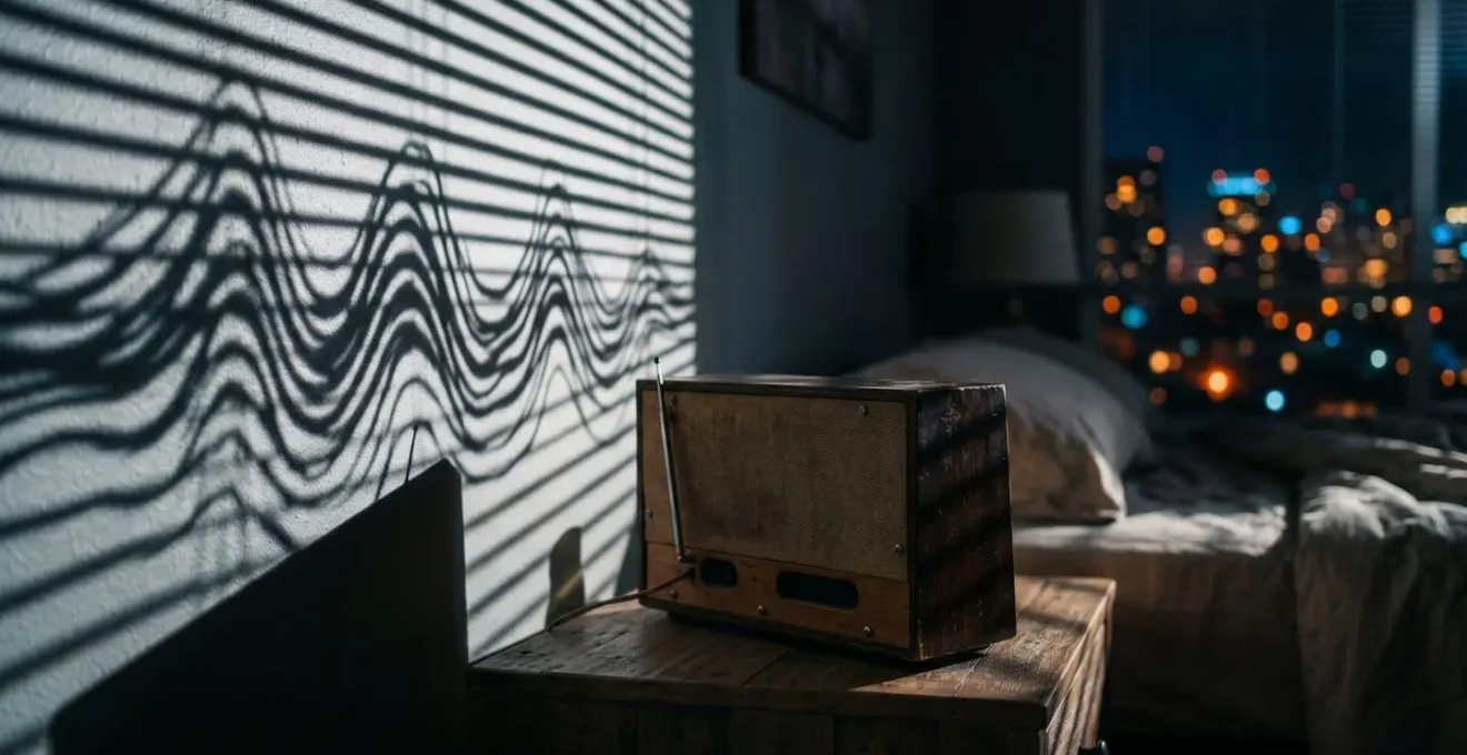 Abstract visualization of sound waves in a dark bedroom setting