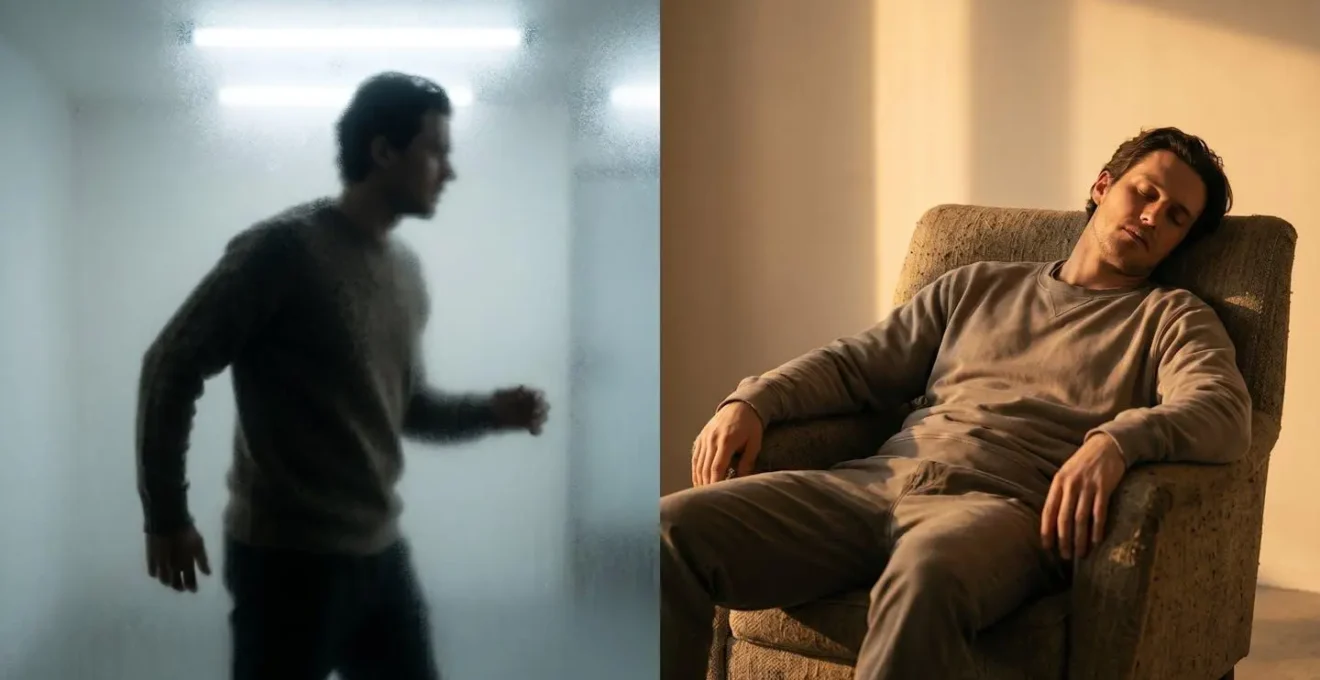 Split composition showing restless energy versus true exhaustion states