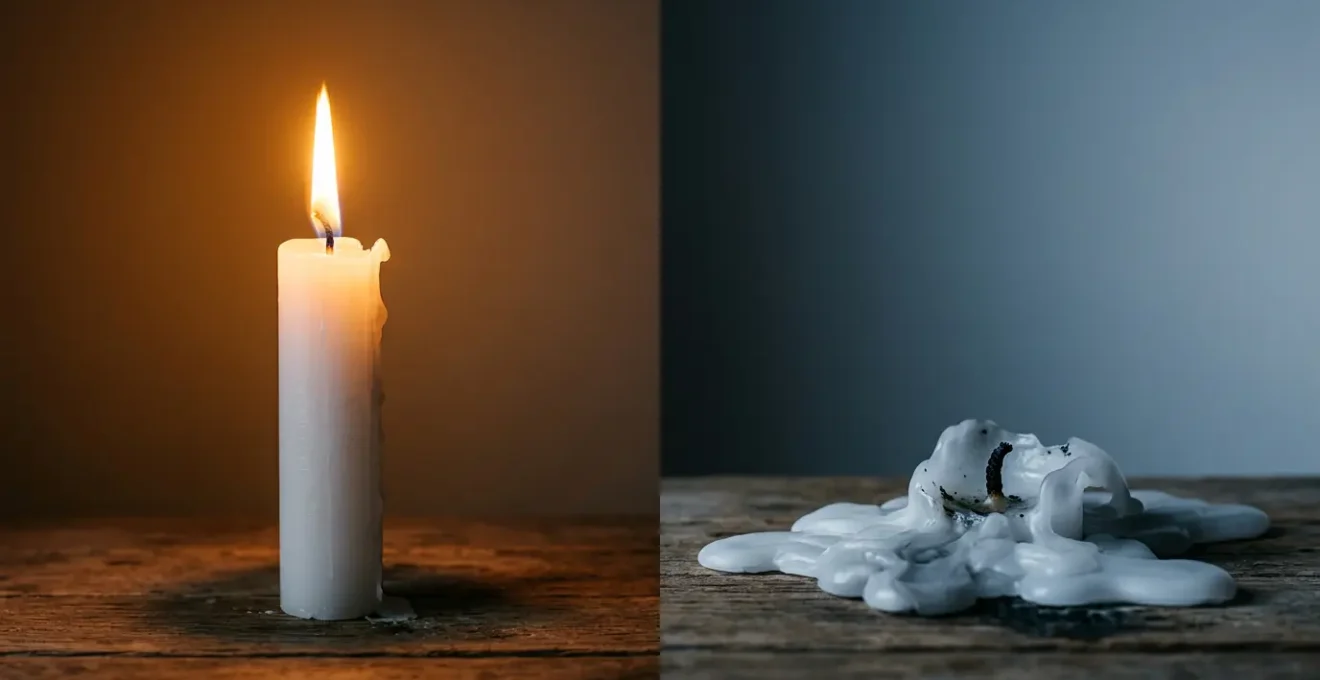 Contrasting visual metaphor of stress versus burnout showing a lit candle with active flame against a completely melted wax puddle