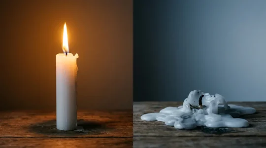 Contrasting visual metaphor of stress versus burnout showing a lit candle with active flame against a completely melted wax puddle