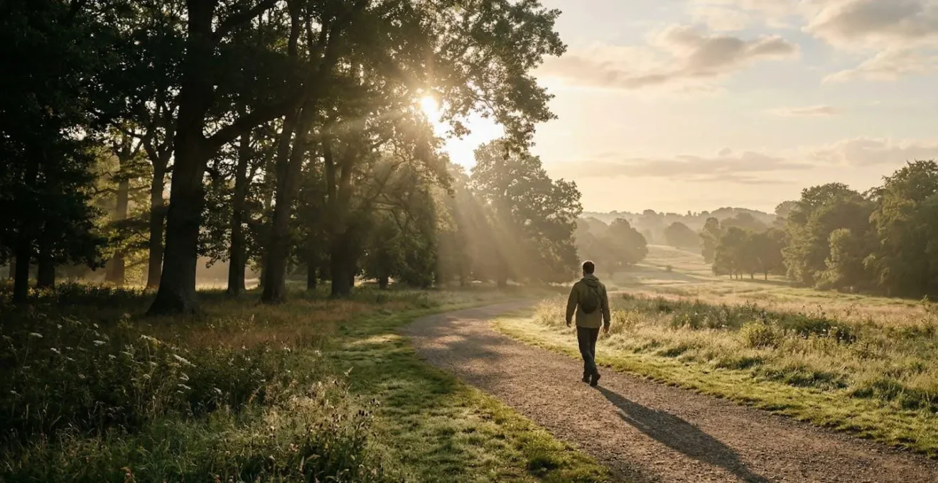 Person walking in morning sunlight with visual representation of internal biological rhythms synchronized with natural light