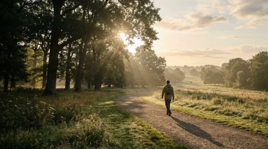 Person walking in morning sunlight with visual representation of internal biological rhythms synchronized with natural light
