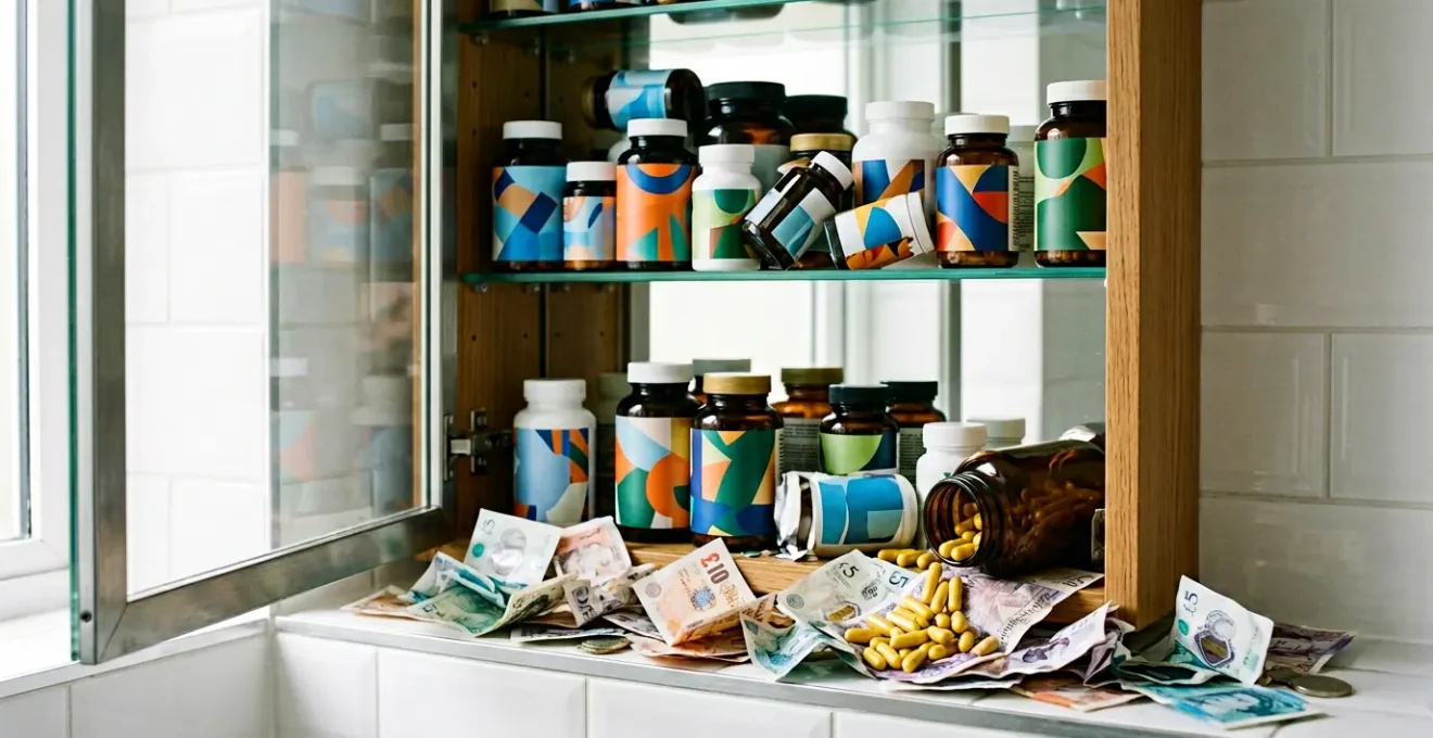 Professional photograph of supplement bottles in a medicine cabinet with visible cost waste metaphor