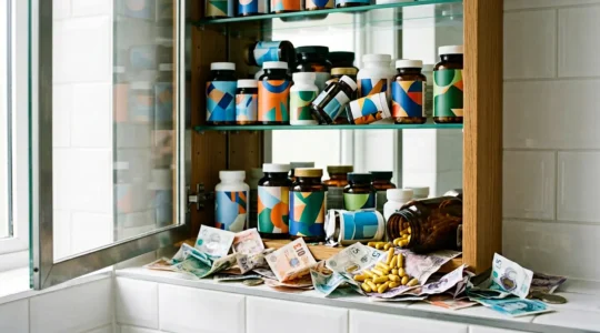 Professional photograph of supplement bottles in a medicine cabinet with visible cost waste metaphor