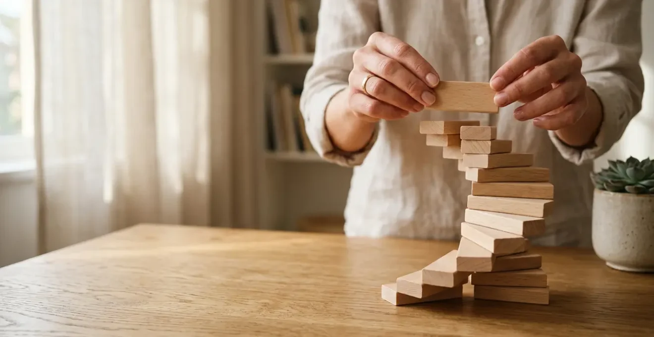Person arranging building blocks in ascending pattern on wooden table