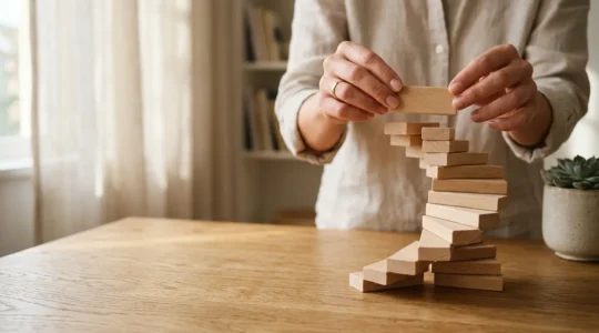 Person arranging building blocks in ascending pattern on wooden table