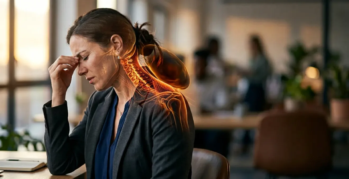 Person experiencing neck strain from looking down at smartphone showing weight pressure on cervical spine