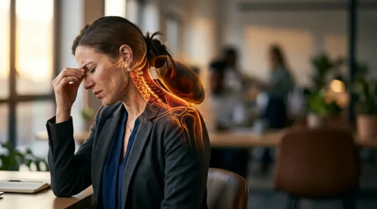 Person experiencing neck strain from looking down at smartphone showing weight pressure on cervical spine