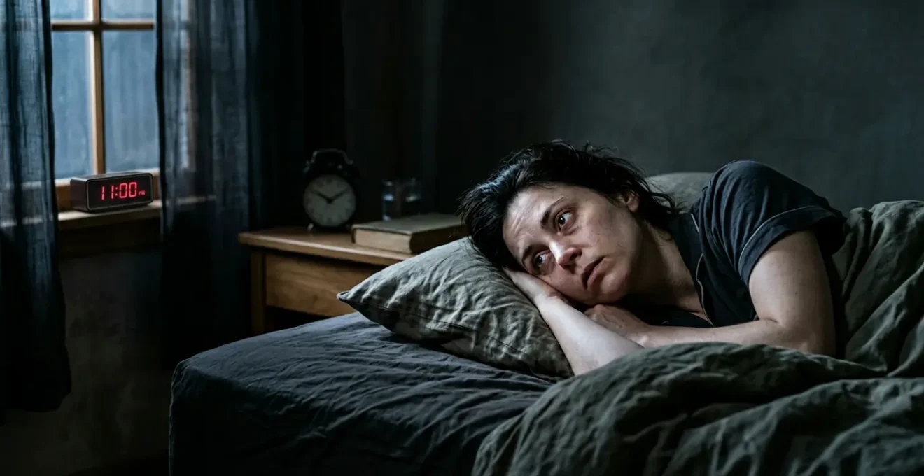 Person lying awake at night with contrasting energy levels showing exhaustion and alertness