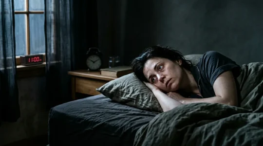 Person lying awake at night with contrasting energy levels showing exhaustion and alertness