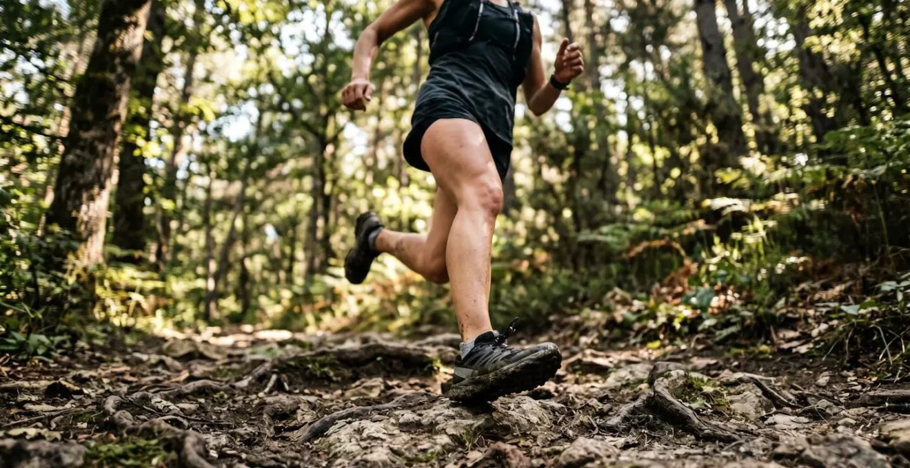 Trail runner navigating rocky mountain path
