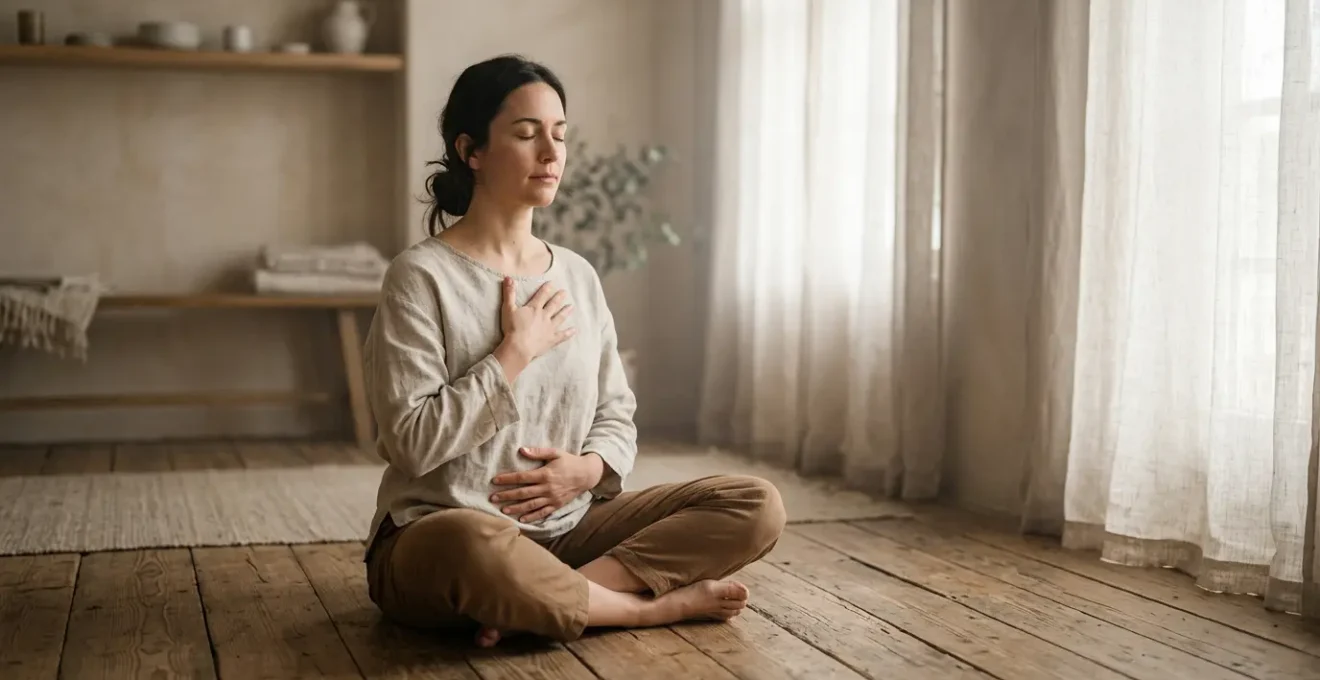 Person in peaceful meditation pose connecting with internal body sensations and awareness