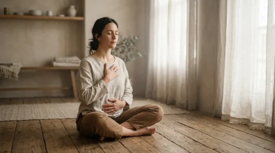 Person in peaceful meditation pose connecting with internal body sensations and awareness