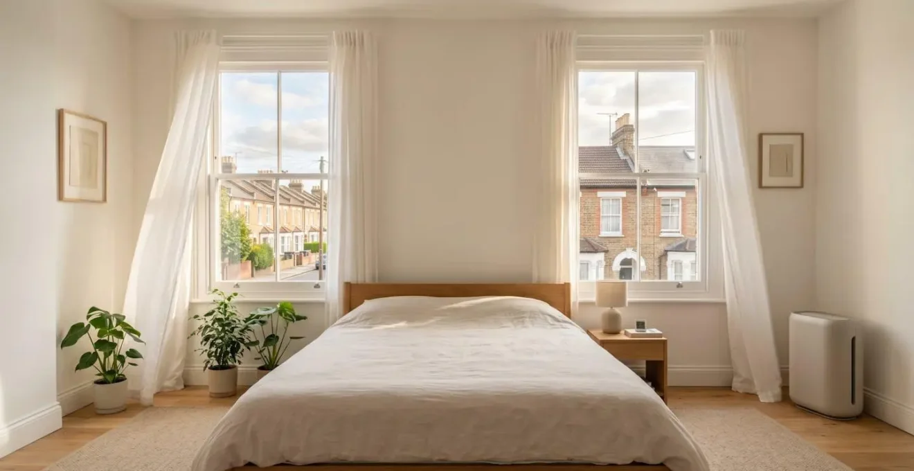 Wide shot of UK bedroom showing proper ventilation setup with open sash windows