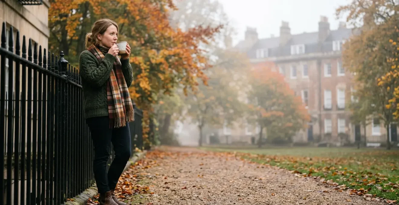 Person taking proactive health measures in British autumn setting with flu prevention elements