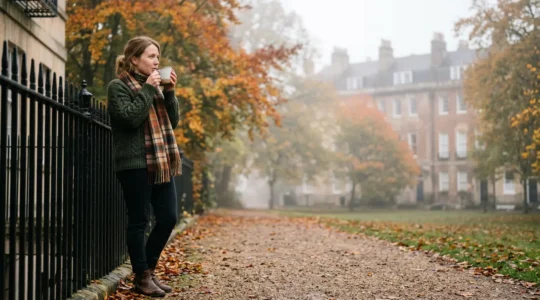 Person taking proactive health measures in British autumn setting with flu prevention elements