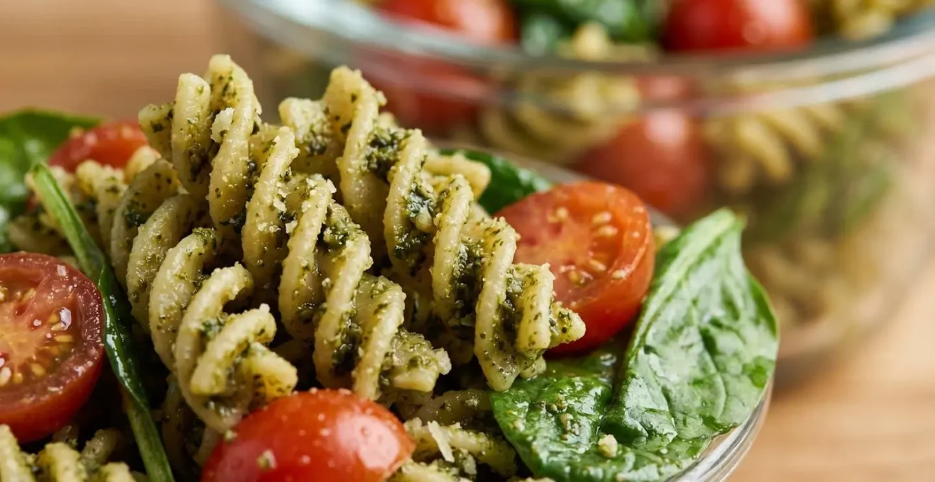 Meal prep containers with colorful pasta salads ready for the work week