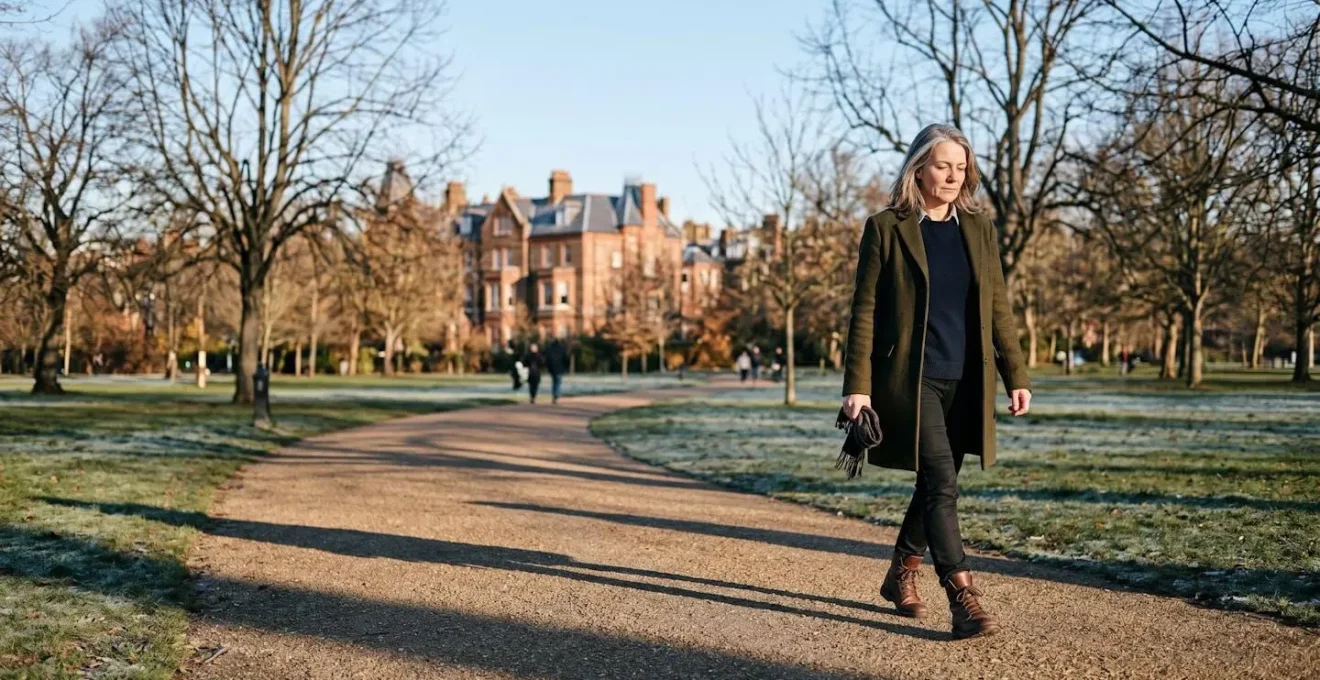 Person in UK park during winter with low sun angle