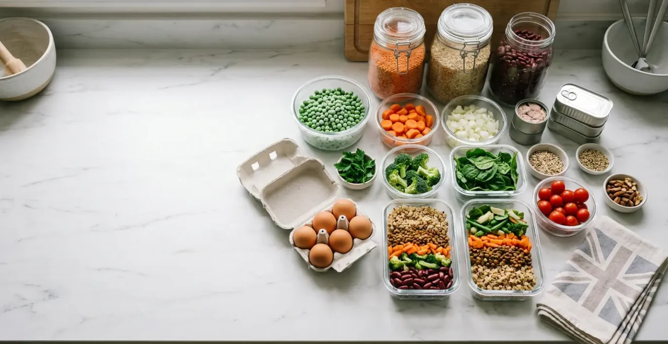 Weekly healthy meal prep ingredients from UK budget supermarket spread on kitchen counter