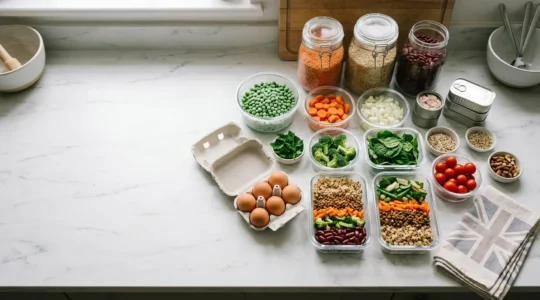 Weekly healthy meal prep ingredients from UK budget supermarket spread on kitchen counter