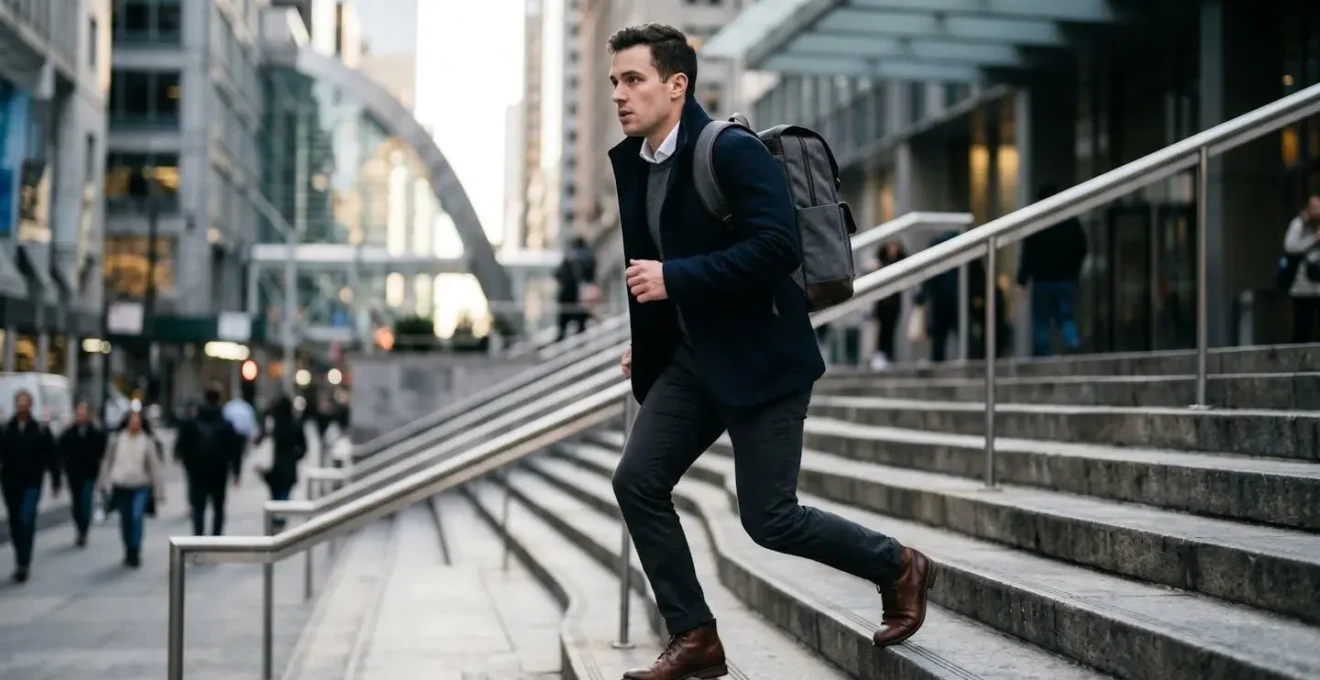 Business person in smart attire taking stairs two at a time with weighted backpack