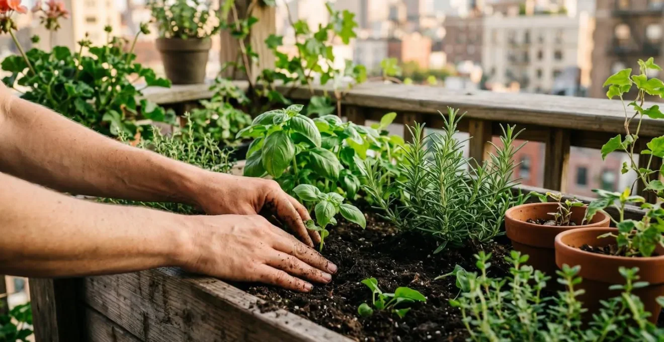 Person tending to a small urban balcony garden with herbs and vegetables