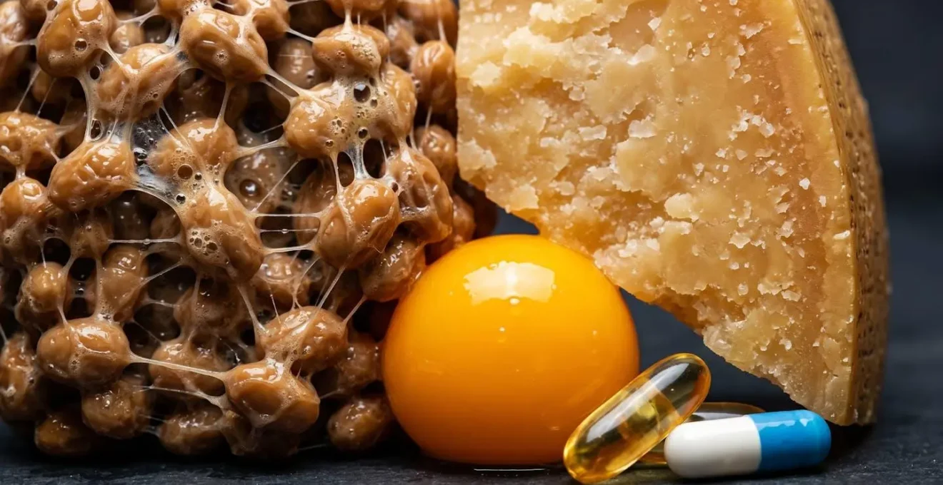 Macro photograph of fermented foods and supplements showing texture and natural forms of vitamin K2 and D3 sources