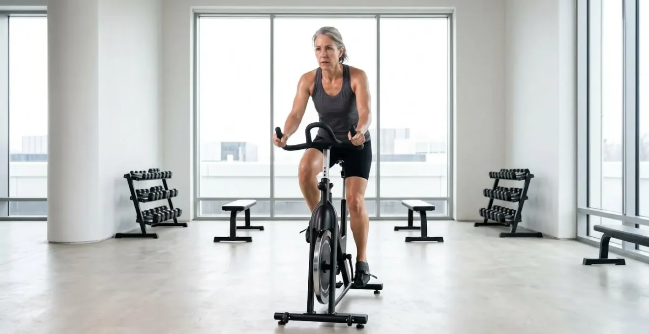 A middle-aged athlete performing heart rate-controlled interval training on a stationary bike in a minimalist gym setting