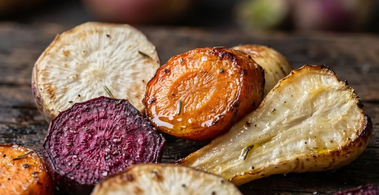 Various root vegetables prepared using different cooking methods for nutrient retention