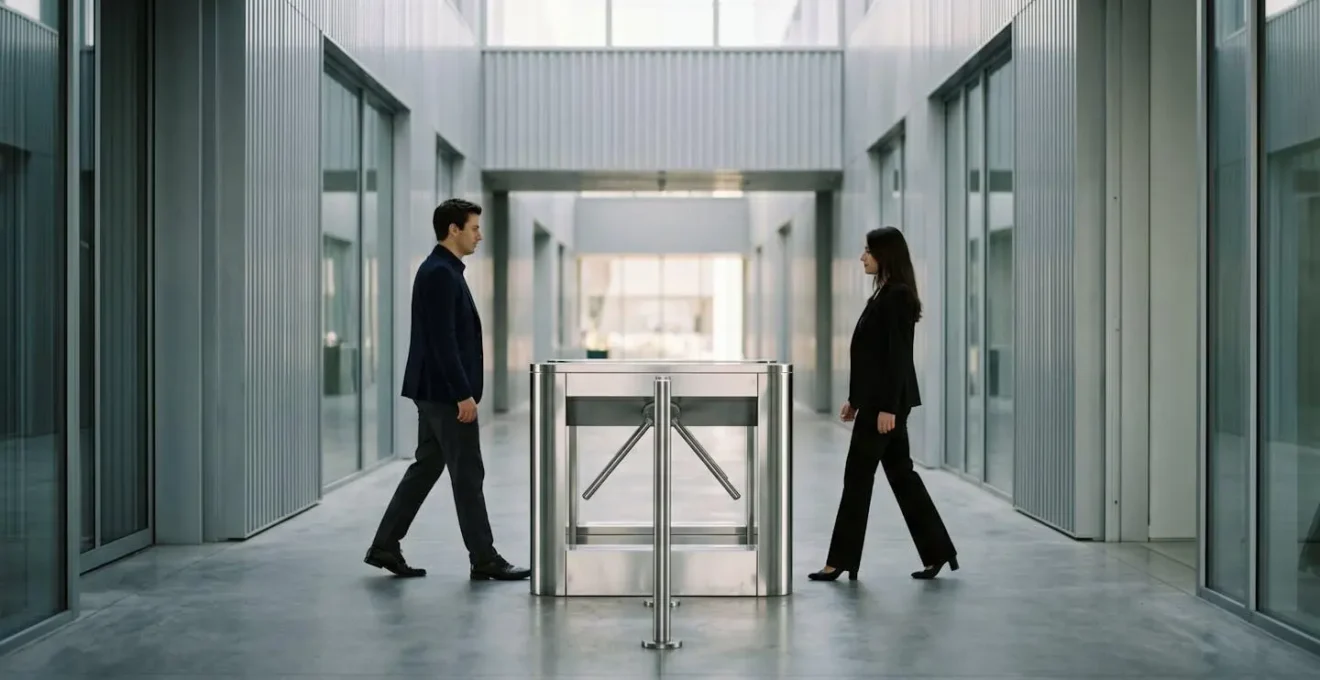 Two people trying to pass through single turnstile representing mineral competition