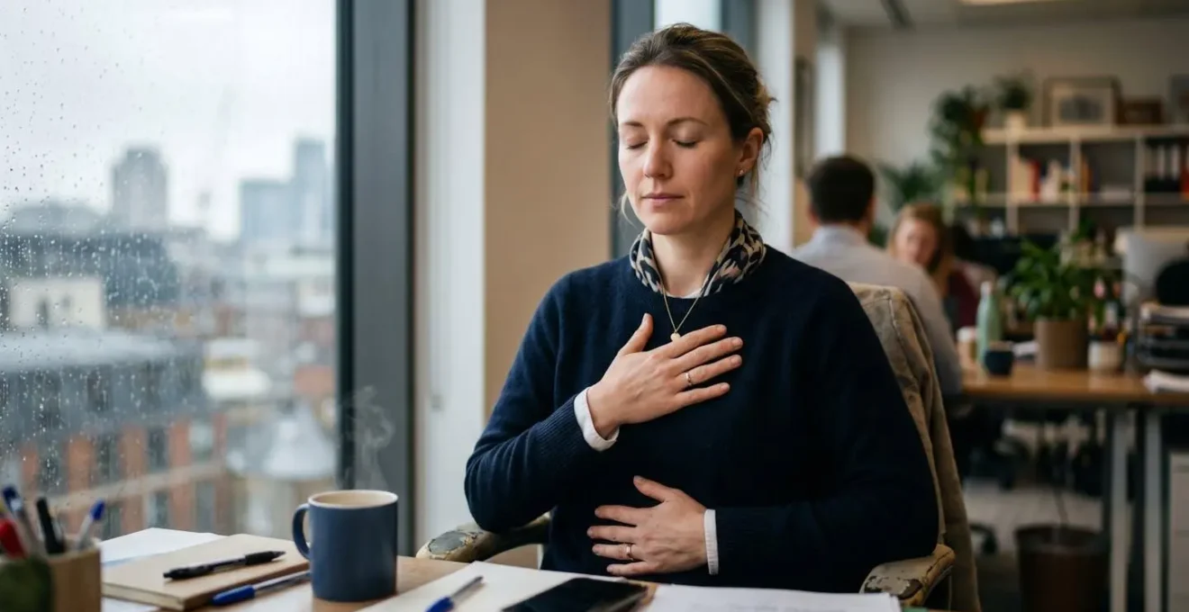 Office worker practicing a breathing exercise during a tea break in a British workplace