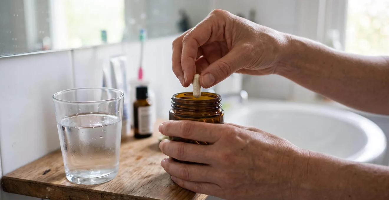 Hands opening a jar of probiotic capsules beside a glass of water.