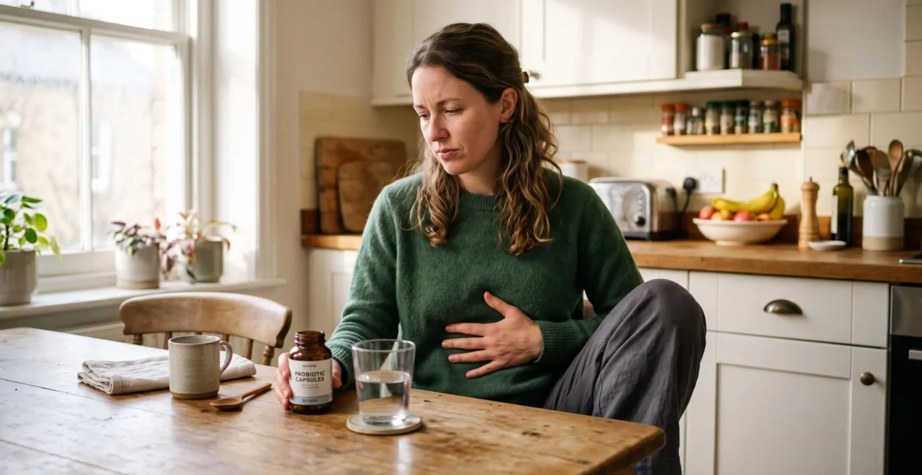 A woman sitting at a kitchen table holding her stomach near probiotic capsules.