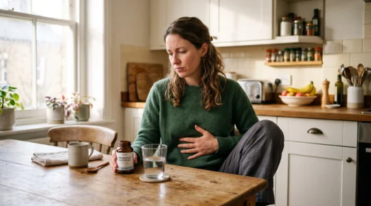 A woman sitting at a kitchen table holding her stomach near probiotic capsules.