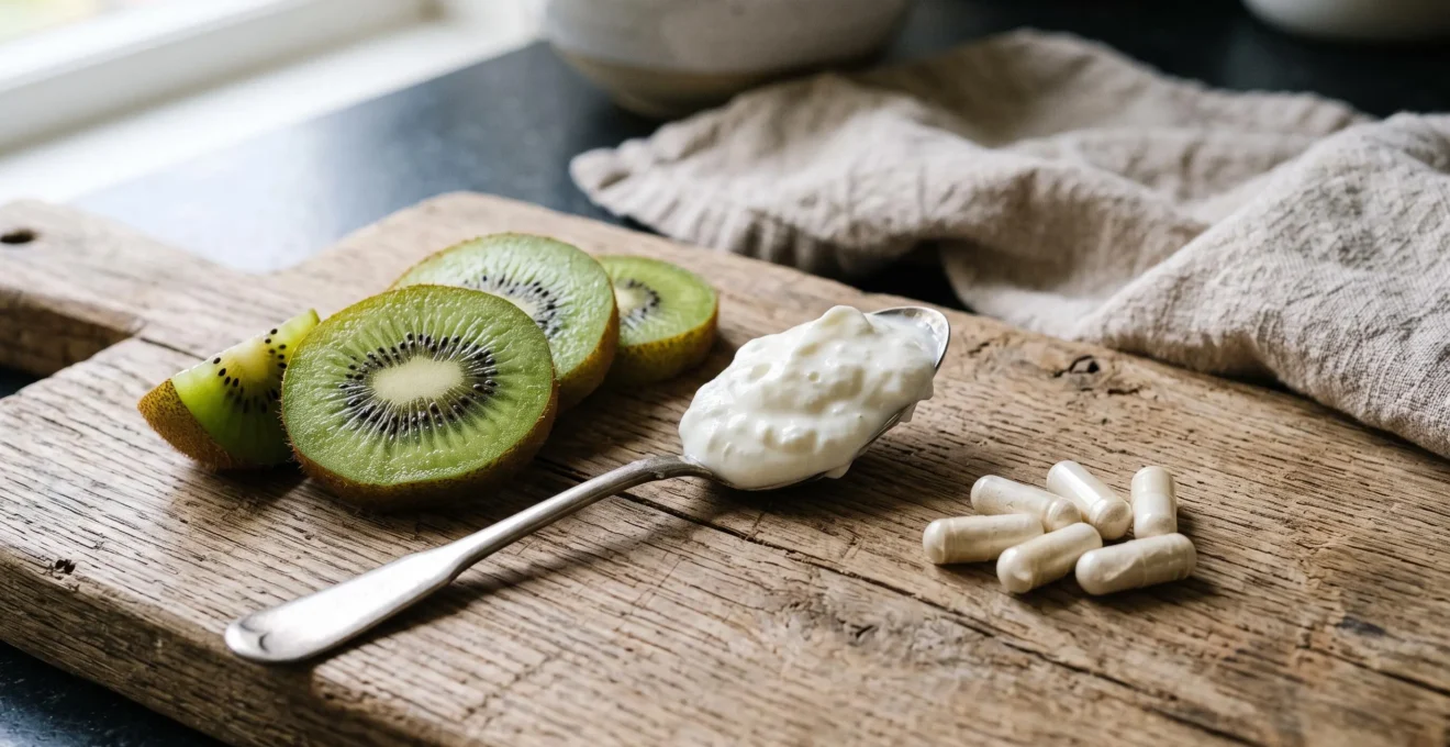 Yogurt, kiwi slices and enzyme capsules arranged on a wooden board.